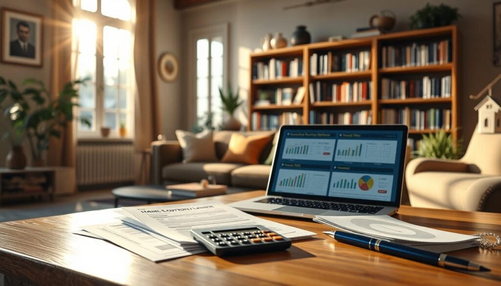 A cozy living room with warm, natural lighting streaming through large windows, showcasing various home equity options displayed on a wooden table. In the foreground, a stack of documents, a calculator, and a pen, symbolizing the financial planning process. The middle ground features a laptop open, displaying mortgage calculators and informative graphics. In the background, bookshelves filled with financial planning resources create an atmosphere of expertise and guidance. The scene conveys a sense of financial security, thoughtful consideration, and the ability to make informed decisions about senior mortgage options. A cozy living room with warm, natural lighting streaming through large windows, showcasing various home equity options displayed on a wooden table. In the foreground, a stack of documents, a calculator, and a pen, symbolizing the financial planning process. The middle ground features a laptop open, displaying mortgage calculators and informative graphics. In the background, bookshelves filled with financial planning resources create an atmosphere of expertise and guidance. The scene conveys a sense of financial security, thoughtful consideration, and the ability to make informed decisions about senior mortgage options.