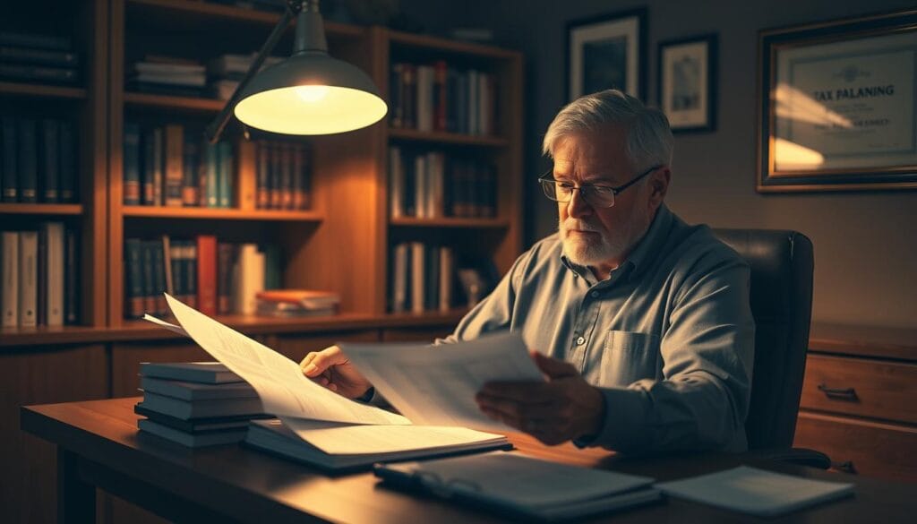 A cozy office setting with a senior business owner sitting at a wooden desk, deeply engaged in tax planning documents. Warm lighting from a desk lamp illuminates the scene, casting a soft glow on the owner's face as they meticulously review financial statements and tax forms. In the background, a bookshelf filled with financial books and a framed certificate hang on the wall, suggesting the owner's expertise in the field. The overall atmosphere conveys a sense of diligence, concentration, and the importance of prudent tax planning for a successful business.