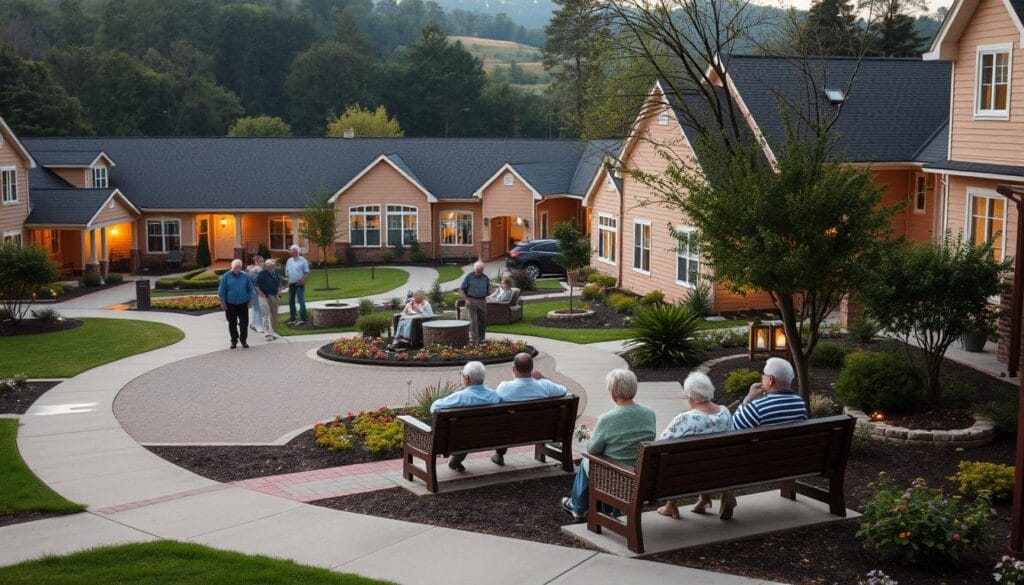 A cozy retirement community nestled in a serene landscape, with a warm, inviting atmosphere. Manicured gardens and well-maintained buildings surround a central courtyard, where seniors gather on comfortable benches to socialize. The scene is illuminated by soft, natural lighting, creating a sense of tranquility. In the background, a few residents stroll along well-paved walkways, enjoying the peaceful ambiance. The overall impression is one of a vibrant, yet relaxed community where seniors can comfortably live out their golden years. A cozy retirement community nestled in a serene landscape, with a warm, inviting atmosphere. Manicured gardens and well-maintained buildings surround a central courtyard, where seniors gather on comfortable benches to socialize. The scene is illuminated by soft, natural lighting, creating a sense of tranquility. In the background, a few residents stroll along well-paved walkways, enjoying the peaceful ambiance. The overall impression is one of a vibrant, yet relaxed community where seniors can comfortably live out their golden years.