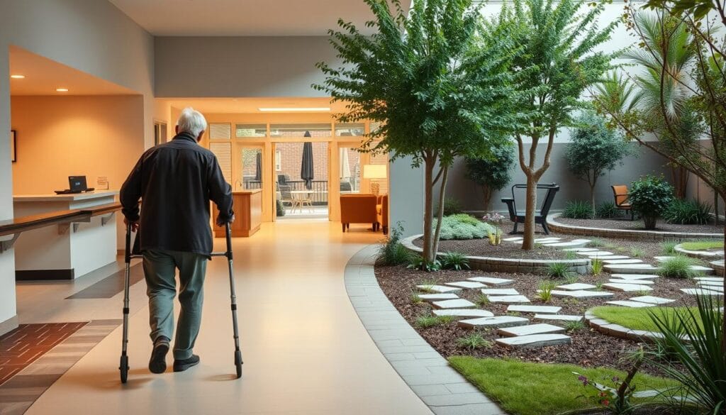 A cozy retirement community with accessible features. In the foreground, an elderly person using a walker navigates a smooth, well-lit pathway flanked by gentle ramps and handrails. The middle ground showcases a spacious, modern lobby with wide doorways, low counters, and seating designed for comfort and ease of movement. In the background, a tranquil garden with lush greenery, stone paths, and discreet, wheelchair-friendly elements creates a serene, nature-inspired environment. Soft, natural lighting and a sense of warmth and safety pervade the scene, conveying a retirement community that prioritizes health, independence, and accessibility for its residents. A cozy retirement community with accessible features. In the foreground, an elderly person using a walker navigates a smooth, well-lit pathway flanked by gentle ramps and handrails. The middle ground showcases a spacious, modern lobby with wide doorways, low counters, and seating designed for comfort and ease of movement. In the background, a tranquil garden with lush greenery, stone paths, and discreet, wheelchair-friendly elements creates a serene, nature-inspired environment. Soft, natural lighting and a sense of warmth and safety pervade the scene, conveying a retirement community that prioritizes health, independence, and accessibility for its residents.