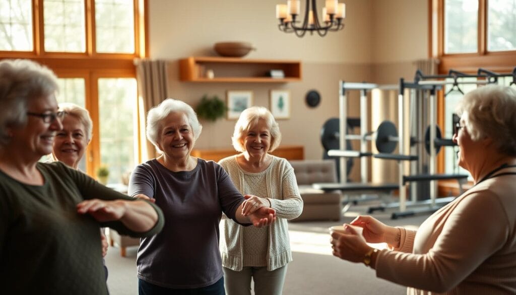 A cozy retirement community's care center, bathed in warm, natural lighting from large windows. In the foreground, a group of smiling seniors engage in a gentle exercise class, supported by attentive staff. The middle ground showcases a welcoming lounge area where residents chat and sip tea. In the background, a well-equipped physical therapy gym helps maintain their independence. The overall atmosphere is one of comfort, security, and a dedication to holistic wellness, empowering residents to live with confidence and dignity. A cozy retirement community's care center, bathed in warm, natural lighting from large windows. In the foreground, a group of smiling seniors engage in a gentle exercise class, supported by attentive staff. The middle ground showcases a welcoming lounge area where residents chat and sip tea. In the background, a well-equipped physical therapy gym helps maintain their independence. The overall atmosphere is one of comfort, security, and a dedication to holistic wellness, empowering residents to live with confidence and dignity.