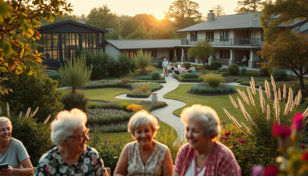 A cozy retirement home nestled in a lush, tranquil landscape. In the foreground, a group of seniors enjoying a leisurely afternoon, their faces alight with contentment. The middle ground reveals a meticulously maintained garden, with colorful flowers and a winding path inviting exploration. In the background, the warm glow of the setting sun casts a golden hue over the well-appointed, modern building, its clean lines and thoughtful design reflecting the comfort and care provided within. The scene conveys a sense of financial security, where residents can enjoy their golden years without worry, the budget carefully considered to ensure their needs are met.