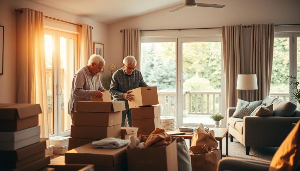 A cozy senior living room, bathed in warm, golden light filtering through large windows. In the foreground, an elderly couple carefully sorting through their belongings, surrounded by stacks of boxes and bags - the tangible process of downsizing their home. The middle ground features tasteful, minimalist furniture and decor, reflecting their desire for a more streamlined lifestyle. The background softly blurs into a serene, verdant garden view, hinting at the tranquility they seek. The scene conveys a sense of thoughtfulness, organization, and anticipation of a new chapter in their lives.