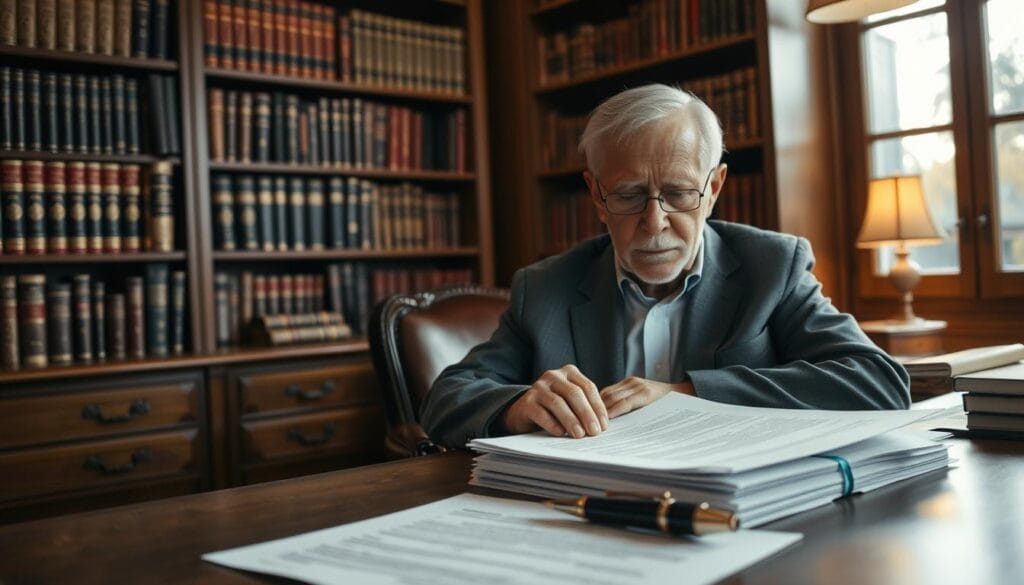 A cozy study with warm, soft lighting illuminating a wooden desk. On the desk, a stack of legal documents, a fountain pen, and a contemplative senior citizen intently reviewing the papers. In the background, bookshelves filled with volumes on estate planning and financial management, casting a scholarly atmosphere. The scene conveys the thoughtful, careful preparation for the future, with the senior's expression reflecting the gravity and importance of the task at hand.