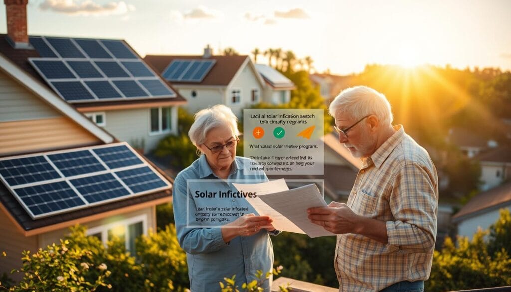 A cozy suburban rooftop bathed in warm afternoon sunlight, solar panels gleaming atop the house. In the foreground, an elderly couple examines paperwork, discussing the tax incentives and financial benefits of their home's renewable energy system. The middle ground showcases informative infographics detailing the local and federal solar incentive programs, with a friendly and approachable visual style. The background depicts a lush, green neighborhood, conveying a sense of environmental responsibility and community. The overall scene radiates a feeling of financial security, environmental stewardship, and the positive impact of solar technology for senior homeowners. A cozy suburban rooftop bathed in warm afternoon sunlight, solar panels gleaming atop the house. In the foreground, an elderly couple examines paperwork, discussing the tax incentives and financial benefits of their home's renewable energy system. The middle ground showcases informative infographics detailing the local and federal solar incentive programs, with a friendly and approachable visual style. The background depicts a lush, green neighborhood, conveying a sense of environmental responsibility and community. The overall scene radiates a feeling of financial security, environmental stewardship, and the positive impact of solar technology for senior homeowners.