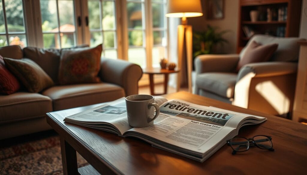 A cozy, well-appointed living room with a comfortable sofa, plush armchair, and a wooden coffee table. Soft lighting from a floor lamp illuminates the scene, casting a warm, inviting glow. On the table, an open magazine showcases articles about retirement planning, surrounded by a mug of hot tea, a crossword puzzle, and a pair of reading glasses. In the background, a window offers a glimpse of a tranquil garden, hinting at the peaceful and relaxed lifestyle of a retiree. The overall atmosphere exudes a sense of contentment and the joys of a well-earned retirement. A cozy, well-appointed living room with a comfortable sofa, plush armchair, and a wooden coffee table. Soft lighting from a floor lamp illuminates the scene, casting a warm, inviting glow. On the table, an open magazine showcases articles about retirement planning, surrounded by a mug of hot tea, a crossword puzzle, and a pair of reading glasses. In the background, a window offers a glimpse of a tranquil garden, hinting at the peaceful and relaxed lifestyle of a retiree. The overall atmosphere exudes a sense of contentment and the joys of a well-earned retirement.