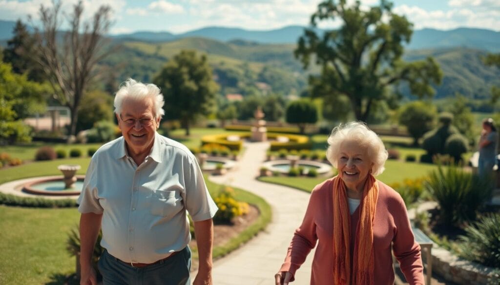 A cozy, well-equipped senior care facility set against a serene natural backdrop. In the foreground, an elderly couple strolling along a sun-dappled path, their faces radiating contentment. The middle ground features a well-maintained garden with lush greenery and soothing water features. In the background, rolling hills and a cloudless blue sky, creating a sense of tranquility and security. The lighting is soft and warm, casting a gentle glow over the scene. The camera angle is slightly elevated, offering a panoramic view that conveys a feeling of care, comfort, and long-term well-being.