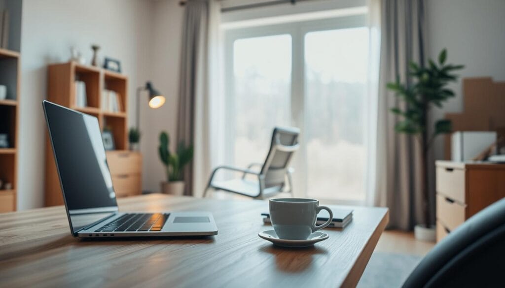 A cozy, well-lit home office setup with a modern and minimalist aesthetic. In the foreground, a wooden desk with a sleek laptop, a cup of coffee, and a few carefully arranged office supplies. The middle ground features a comfortable office chair and a small potted plant, creating a calming and focused work environment. The background showcases a large window with natural light streaming in, providing a serene and contemplative atmosphere. The overall mood is one of quiet determination and financial independence, suitable for an individual pursuing their financial goals without the need for spousal approval.