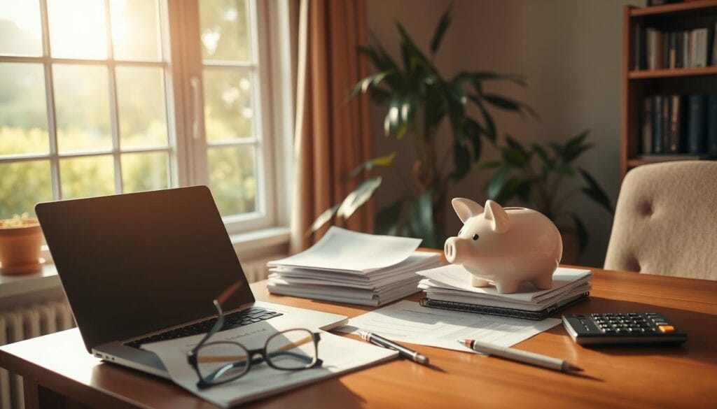 A cozy, well-lit home office with a large window overlooking a serene garden. On the desk, a laptop, a stack of financial documents, and a piggy bank filled with coins. A pair of reading glasses, a pen, and a calculator sit nearby, suggesting a focused, tax-conscious approach to retirement savings. Warm, natural lighting floods the space, creating a sense of tranquility and reflection. The overall mood is one of diligence, organization, and a thoughtful, long-term perspective on financial planning for one's golden years.