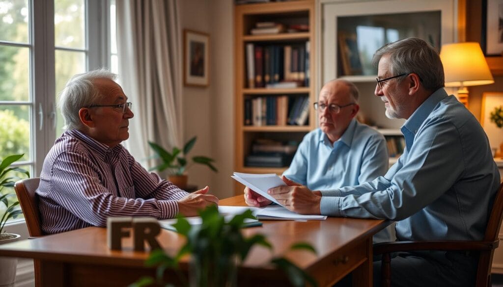 A cozy, well-lit home office with an elderly couple sitting at a wooden desk, engaged in a thoughtful discussion with a financial advisor. Soft, warm lighting illuminates their faces, conveying a sense of trust and collaboration. In the background, a bookshelf filled with financial planning materials and a window overlooking a peaceful garden, suggesting a comfortable, secure environment. The couple's expressions are calm and attentive, reflecting the benefits of working with an experienced financial consultant to plan for their golden years.