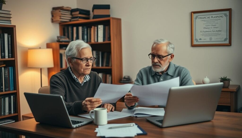 A cozy, well-lit home office with an elderly couple sitting at a wooden desk, reviewing financial documents and discussing their retirement plans. In the background, a bookshelves filled with finance books and a framed diploma from a financial planning certification course hang on the wall. The couple's expressions are focused and serious, conveying the gravity of their financial decisions. Warm, muted tones create a sense of trust and security. A laptop, calculator, and coffee mug on the desk suggest an active, collaborative session. The overall atmosphere evokes thoughtful, responsible financial planning for seniors.
