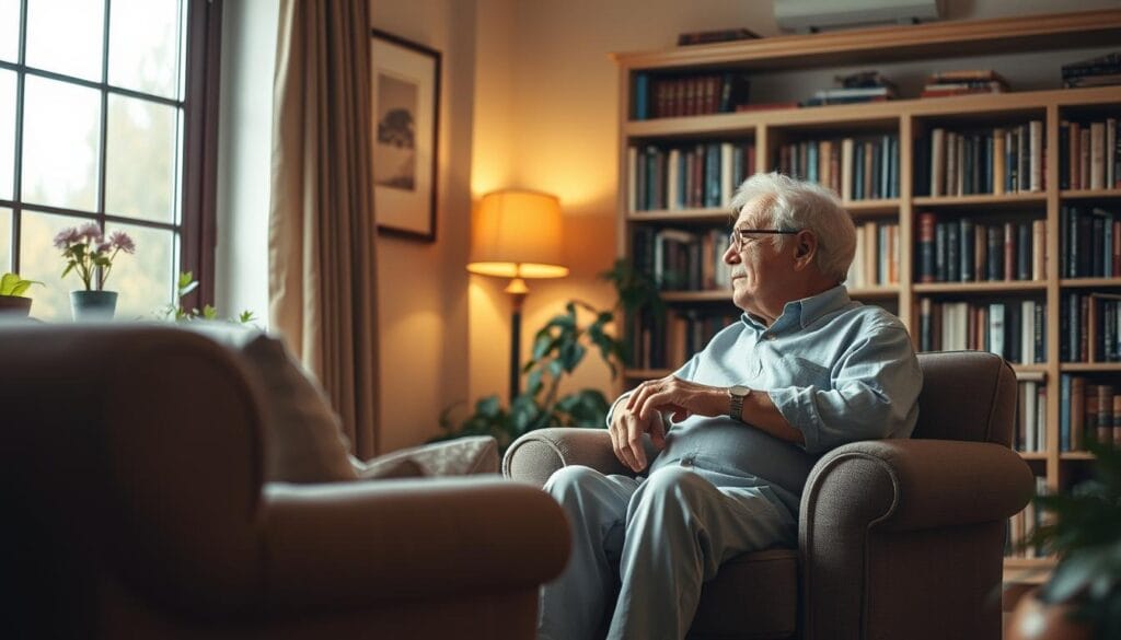 A cozy, well-lit living room with a comfortable armchair, a large window overlooking a serene garden, and a bookshelf filled with treasured volumes. An elderly couple, dressed in casual, comfortable attire, sits contentedly together, deep in conversation. Warm, gentle lighting casts a soft glow, creating an atmosphere of peace and fulfillment. The room exudes a sense of security, stability, and the joys of aging in the comfort of one's own home. The overall scene conveys the emotional, financial, and practical benefits of homeownership for seniors, celebrating their independence and the comforts of familiar surroundings. A cozy, well-lit living room with a comfortable armchair, a large window overlooking a serene garden, and a bookshelf filled with treasured volumes. An elderly couple, dressed in casual, comfortable attire, sits contentedly together, deep in conversation. Warm, gentle lighting casts a soft glow, creating an atmosphere of peace and fulfillment. The room exudes a sense of security, stability, and the joys of aging in the comfort of one's own home. The overall scene conveys the emotional, financial, and practical benefits of homeownership for seniors, celebrating their independence and the comforts of familiar surroundings.