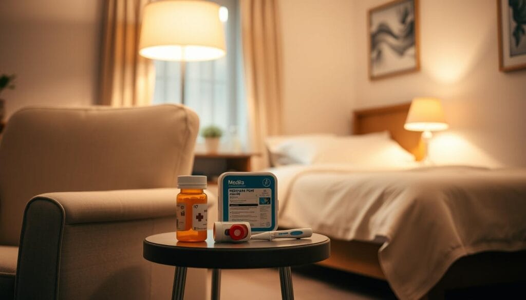 A cozy, well-lit living room with a comfortable armchair and a side table displaying a stack of medical supplies, such as a prescription bottle, a first-aid kit, and a thermometer. In the background, a neatly made bed and a bedside table with a lamp and a glass of water. The lighting is warm and inviting, creating a sense of security and tranquility. The overall scene conveys the importance of maintaining a healthy and comfortable living environment for essential daily needs.
