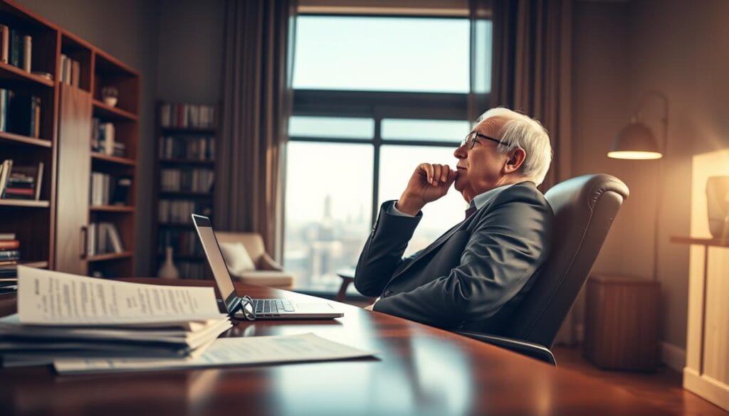 A cozy, well-lit office setting with a large wooden desk in the foreground. On the desk, arrange neatly stacked financial documents, a laptop, and a pair of reading glasses. In the middle ground, position a thoughtful older adult in a suit, leaning back in an ergonomic chair, deep in contemplation. In the background, showcase a wall of bookshelves filled with financial literature, along with a window overlooking a serene cityscape. The lighting should be warm and inviting, creating a sense of professionalism and expertise. The overall mood should convey a feeling of trust, security, and confidence in financial solutions. A cozy, well-lit office setting with a large wooden desk in the foreground. On the desk, arrange neatly stacked financial documents, a laptop, and a pair of reading glasses. In the middle ground, position a thoughtful older adult in a suit, leaning back in an ergonomic chair, deep in contemplation. In the background, showcase a wall of bookshelves filled with financial literature, along with a window overlooking a serene cityscape. The lighting should be warm and inviting, creating a sense of professionalism and expertise. The overall mood should convey a feeling of trust, security, and confidence in financial solutions.