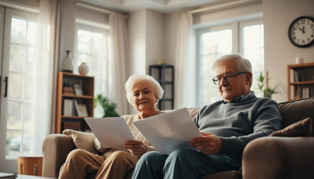 A cozy, well-lit retirement home interior, with a senior couple sitting on a plush sofa, reviewing documents and discussing their 401(k) plan. Soft, natural lighting filters through large windows, casting a warm glow on the scene. The couple appears engaged, with expressions of contemplation and financial security. In the background, a bookshelf and a wall clock subtly suggest the passage of time and the importance of planning for the future. The overall atmosphere conveys a sense of financial stability, comfort, and the importance of preparing for one's golden years.