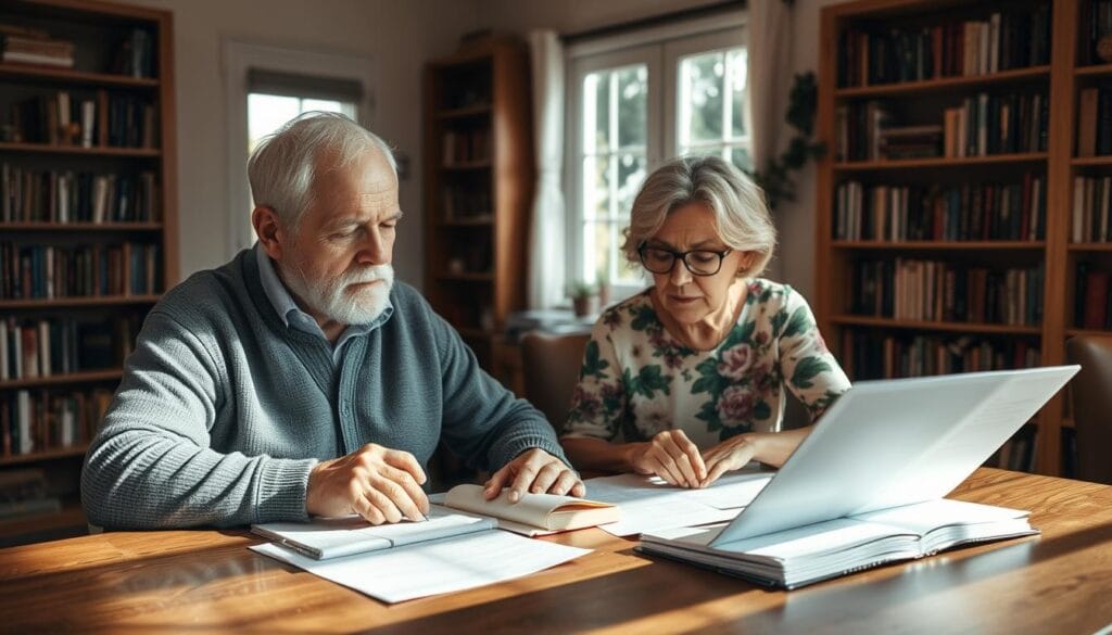 A cozy, well-lit room with a senior couple seated at a wooden table, studying financial documents and planning for their retirement. The husband, sporting a gray cardigan, and the wife, wearing a floral dress, are engaged in a thoughtful discussion, surrounded by bookshelves and a warm, earthy color palette. Sunlight filters through a window, casting a gentle glow on the scene. The atmosphere conveys a sense of security, wisdom, and the importance of proper financial planning for the golden years.