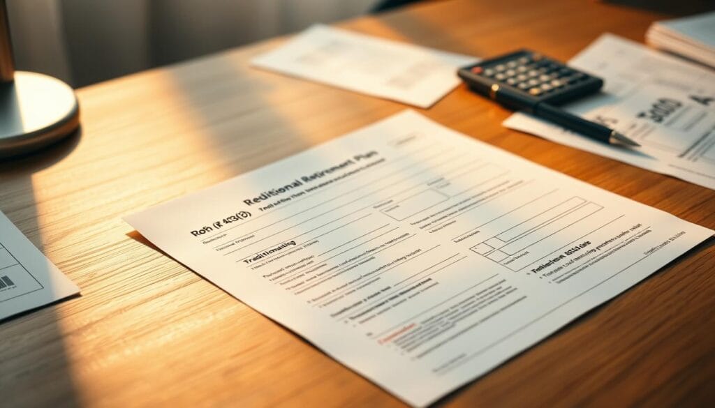 A crisp and clean tax form gently resting on a wooden desk, illuminated by warm, natural lighting. The form is neatly organized, with clear sections delineating the differences between traditional and Roth 403(b) retirement plans. The desk surface is slightly cluttered with a pen, calculator, and other financial documents, creating a sense of a hardworking, analytical environment. The background is blurred, with a muted color palette that reinforces the seriousness and importance of the subject matter. The overall tone is one of careful consideration and attention to detail, reflecting the complex nature of retirement planning and tax implications. A crisp and clean tax form gently resting on a wooden desk, illuminated by warm, natural lighting. The form is neatly organized, with clear sections delineating the differences between traditional and Roth 403(b) retirement plans. The desk surface is slightly cluttered with a pen, calculator, and other financial documents, creating a sense of a hardworking, analytical environment. The background is blurred, with a muted color palette that reinforces the seriousness and importance of the subject matter. The overall tone is one of careful consideration and attention to detail, reflecting the complex nature of retirement planning and tax implications.