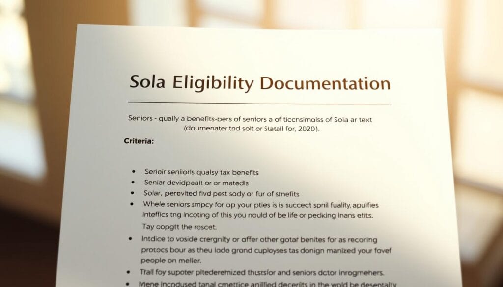 A crisp, clean-lined document in natural lighting, with a subtle watercolor texture and warm tones. The header prominently displays "Solar Eligibility Documentation" in a modern, sans-serif typeface. Below, a series of bulleted criteria outlines the requirements for seniors to qualify for solar tax benefits, presented in a clear, legible format. The overall composition evokes a sense of authority and attention to detail, making it easy for the viewer to quickly understand the key information. A crisp, clean-lined document in natural lighting, with a subtle watercolor texture and warm tones. The header prominently displays "Solar Eligibility Documentation" in a modern, sans-serif typeface. Below, a series of bulleted criteria outlines the requirements for seniors to qualify for solar tax benefits, presented in a clear, legible format. The overall composition evokes a sense of authority and attention to detail, making it easy for the viewer to quickly understand the key information.