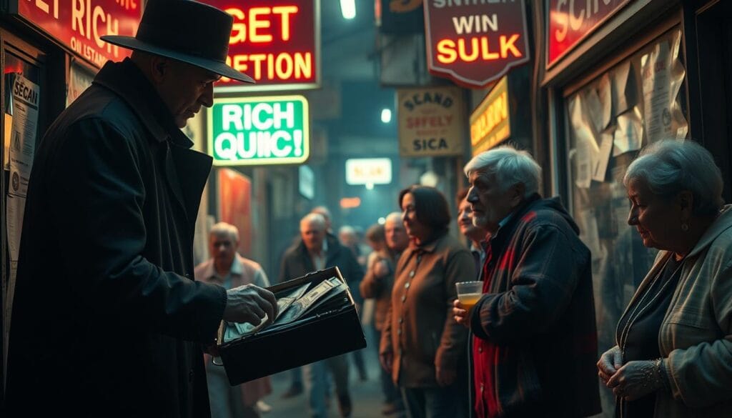 A dark alleyway with neon-lit signage advertising "Get Rich Quick!" schemes. In the foreground, a shadowy figure in a trenchcoat hands an unsuspecting elderly person a briefcase filled with counterfeit cash. Behind them, a line of seniors wait eagerly, unaware of the scam unfolding. The scene is bathed in a sinister, low-key lighting, creating a sense of unease and mistrust. The background is cluttered with tattered flyers and advertisements promising financial security, preying on the vulnerability of the elderly. The overall atmosphere conveys the predatory nature of financial scams targeting senior citizens. A dark alleyway with neon-lit signage advertising "Get Rich Quick!" schemes. In the foreground, a shadowy figure in a trenchcoat hands an unsuspecting elderly person a briefcase filled with counterfeit cash. Behind them, a line of seniors wait eagerly, unaware of the scam unfolding. The scene is bathed in a sinister, low-key lighting, creating a sense of unease and mistrust. The background is cluttered with tattered flyers and advertisements promising financial security, preying on the vulnerability of the elderly. The overall atmosphere conveys the predatory nature of financial scams targeting senior citizens.