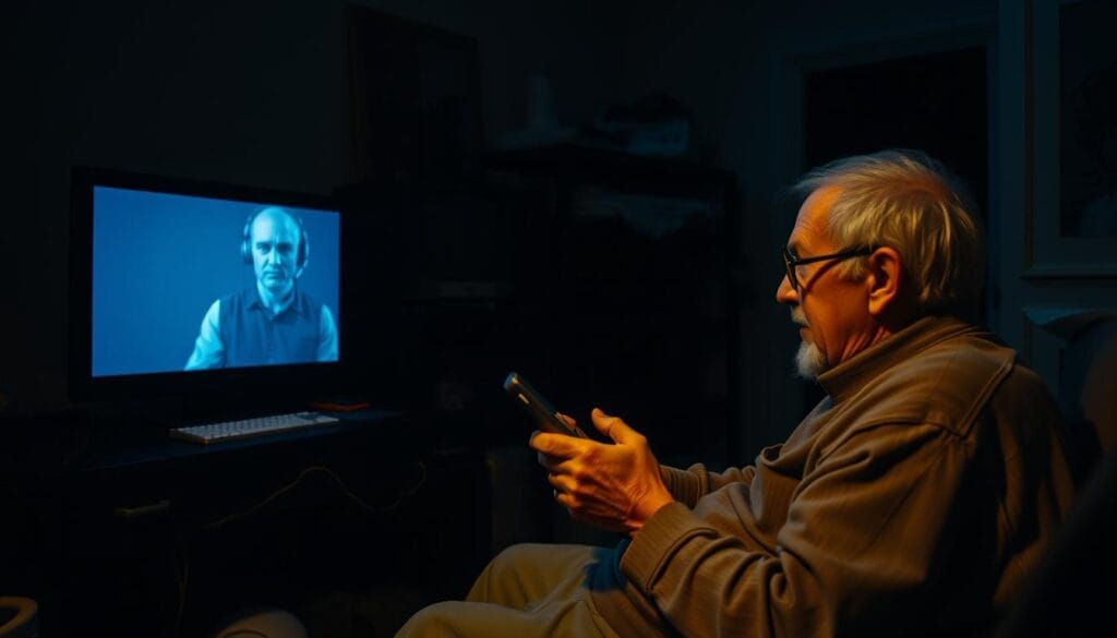 A darkened home office, the dim glow of a computer screen casting unsettling shadows. In the foreground, an elderly person sits bewildered, phone in hand, as a faceless tech support "agent" appears on the screen, leering menacingly. The background is cluttered with outdated technology, a stark contrast to the sleek, modern devices typically associated with tech support. Harsh, dramatic lighting creates a sense of unease, while the muted color palette evokes a feeling of isolation and vulnerability. This scene captures the essence of a tech support scam, preying on the unsuspecting and the elderly, shaking the trust in the digital world. A darkened home office, the dim glow of a computer screen casting unsettling shadows. In the foreground, an elderly person sits bewildered, phone in hand, as a faceless tech support "agent" appears on the screen, leering menacingly. The background is cluttered with outdated technology, a stark contrast to the sleek, modern devices typically associated with tech support. Harsh, dramatic lighting creates a sense of unease, while the muted color palette evokes a feeling of isolation and vulnerability. This scene captures the essence of a tech support scam, preying on the unsuspecting and the elderly, shaking the trust in the digital world.