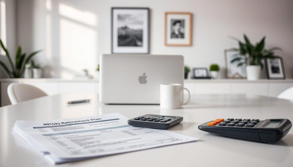A detailed 401(k) retirement plan displayed on a clean, well-lit desk. In the foreground, a stack of financial documents and a calculator convey the technical aspects. The middle ground features a modern laptop and a coffee mug, suggesting a professional workspace. The background showcases a minimalist office setting with plants and framed artwork, creating a calming, organized atmosphere. The lighting is soft and natural, highlighting the important details while maintaining a professional, aspirational tone.