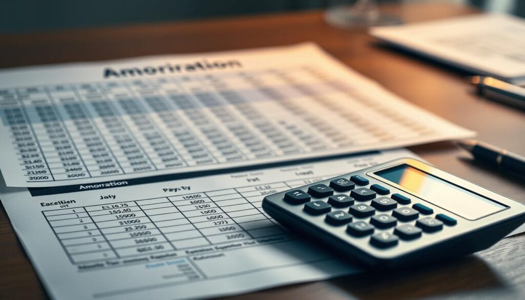 A detailed amortization schedule laid out on a wooden desk, illuminated by soft, warm lighting that casts a gentle glow. The schedule features neatly arranged columns and rows, with clear numeric values and calculations. In the foreground, a modern, sleek calculator sits, its digital display showcasing the results. The background is blurred, drawing the viewer's attention to the financial information presented. The overall scene conveys a sense of organization, precision, and a step-by-step approach to understanding mortgage payments.