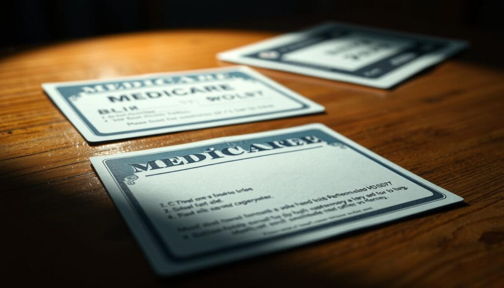 A detailed, close-up illustration of Medicare and Social Security cards lying on a wooden table, with a serious, concerned atmosphere. The cards are partially obscured by shadows, suggesting potential threats or scams targeting seniors. The lighting is slightly dim, creating a sense of foreboding. The camera angle is slightly angled, giving a sense of depth and emphasizing the importance of the subject matter. The background is blurred, keeping the focus on the key elements. A detailed, close-up illustration of Medicare and Social Security cards lying on a wooden table, with a serious, concerned atmosphere. The cards are partially obscured by shadows, suggesting potential threats or scams targeting seniors. The lighting is slightly dim, creating a sense of foreboding. The camera angle is slightly angled, giving a sense of depth and emphasizing the importance of the subject matter. The background is blurred, keeping the focus on the key elements.