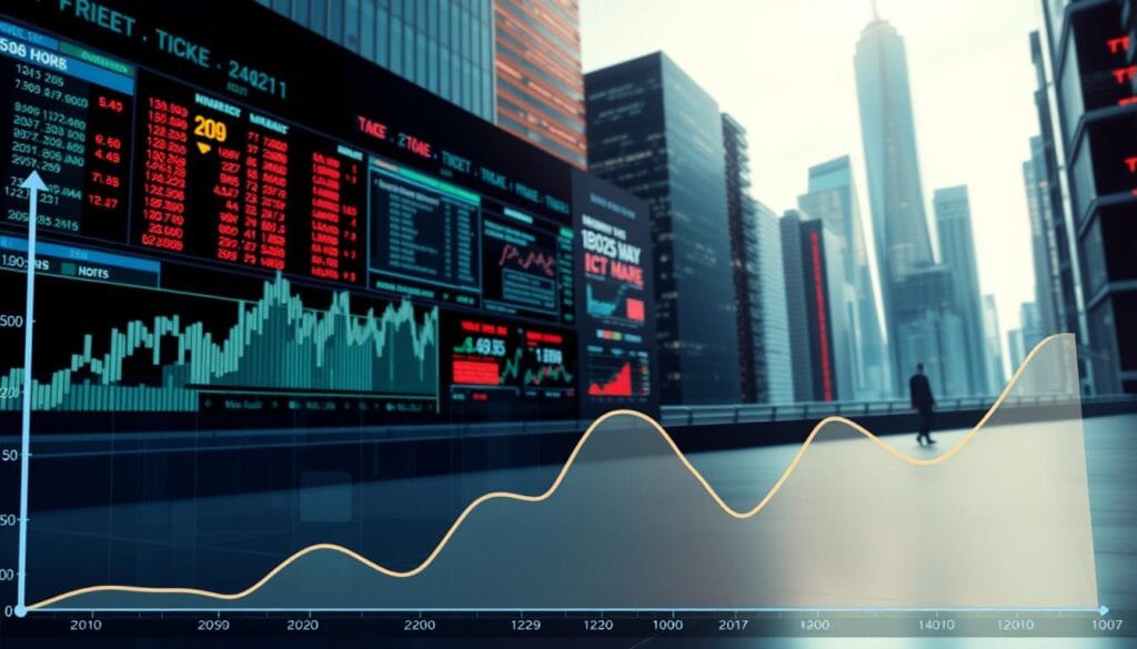A detailed, data-driven illustration depicting "CPI measures and market signals". In the foreground, a bold, modern graph showcases the Consumer Price Index over time, reflecting current inflationary trends. In the middle ground, an array of financial tickers and stock charts captures the market's response to these economic indicators. The background features a sleek, minimalist cityscape, hinting at the broader economic landscape. The lighting is crisp and directional, highlighting the key data visualizations. The overall mood is one of analytical clarity, guiding the viewer through the complex relationship between CPI and market dynamics. A detailed, data-driven illustration depicting "CPI measures and market signals". In the foreground, a bold, modern graph showcases the Consumer Price Index over time, reflecting current inflationary trends. In the middle ground, an array of financial tickers and stock charts captures the market's response to these economic indicators. The background features a sleek, minimalist cityscape, hinting at the broader economic landscape. The lighting is crisp and directional, highlighting the key data visualizations. The overall mood is one of analytical clarity, guiding the viewer through the complex relationship between CPI and market dynamics.