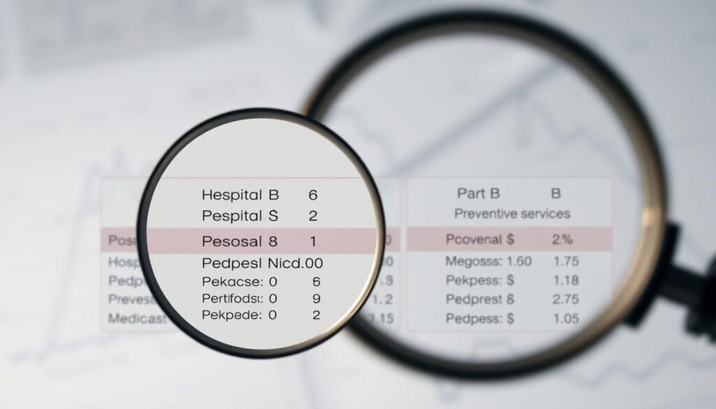 A detailed diagram depicting the key costs and coverage of Medicare Part A and Part B. In the foreground, a magnifying glass highlights the specific line items, such as hospital stays, doctor visits, and preventive services. The middle ground showcases a clean, modern layout with distinct sections for Part A and Part B, utilizing a muted color palette and crisp typography to convey the information clearly. The background features a soft, blurred pattern suggestive of medical charts or documents, creating a professional and authoritative atmosphere. The lighting is soft and evenly distributed, with a subtle directional light source to accentuate the depth and dimensions of the design elements. A detailed diagram depicting the key costs and coverage of Medicare Part A and Part B. In the foreground, a magnifying glass highlights the specific line items, such as hospital stays, doctor visits, and preventive services. The middle ground showcases a clean, modern layout with distinct sections for Part A and Part B, utilizing a muted color palette and crisp typography to convey the information clearly. The background features a soft, blurred pattern suggestive of medical charts or documents, creating a professional and authoritative atmosphere. The lighting is soft and evenly distributed, with a subtle directional light source to accentuate the depth and dimensions of the design elements.