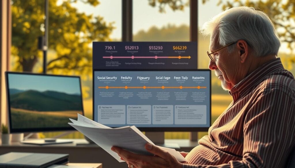 A detailed, dynamic illustration of the timing and considerations for social security benefits. In the foreground, an elderly couple carefully reviewing documents and paperwork, expressions thoughtful as they navigate the complexities. In the middle ground, a computer monitor displays a timeline of social security eligibility and payout options. The background depicts a serene, sun-dappled landscape, symbolizing the tranquility of a well-planned retirement. Warm, diffused lighting creates a sense of comfort and confidence. Cinematic camera angle emphasizes the gravity of the decision-making process. Overall, the image conveys the importance of carefully timing and coordinating social security benefits as part of a comprehensive retirement strategy.