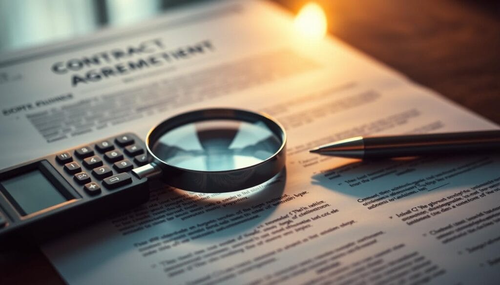 A detailed financial document with a magnifying glass, calculator, and pen lying on top, illuminated by soft, warm lighting from the side. In the background, a contract or agreement is visible, its text blurred but its presence conveying the importance of due diligence and informed decision-making. The overall atmosphere is one of careful examination and thoughtful analysis, befitting the critical nature of the subject matter. A detailed financial document with a magnifying glass, calculator, and pen lying on top, illuminated by soft, warm lighting from the side. In the background, a contract or agreement is visible, its text blurred but its presence conveying the importance of due diligence and informed decision-making. The overall atmosphere is one of careful examination and thoughtful analysis, befitting the critical nature of the subject matter.