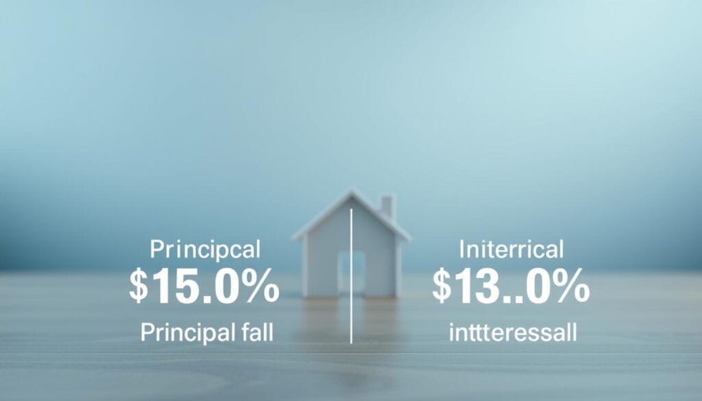 A detailed financial infographic depicting the principal and interest breakdown of a mortgage payment. In the foreground, a clear chart showcases the respective portions of the monthly payment allocated to principal and interest, presented with clean typography and color-coded sections. In the middle ground, a 3D model of a house or home silhouette serves as the visual anchor, conveying the context of a mortgage. The background features a soft, blurred gradient in soothing tones of blue and grey, creating a sense of professionalism and authority. Crisp, even lighting from multiple angles highlights the clarity of the financial information. The overall mood is one of informative simplicity, guiding the viewer through the key components of a mortgage payment.