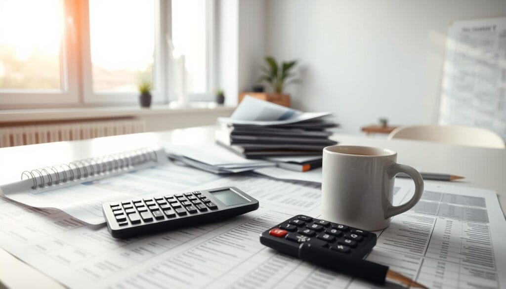 A detailed financial spreadsheet with neatly organized columns and rows, illuminated by soft natural lighting streaming through large windows. In the foreground, a calculator and a pen rest on the desktop, alongside a cup of coffee. The middle ground features a carefully curated collection of financial documents, bills, and receipts, conveying a sense of methodical planning. In the background, a minimalist home office setup with clean lines and a serene, uncluttered ambiance, creating an atmosphere of focused productivity.