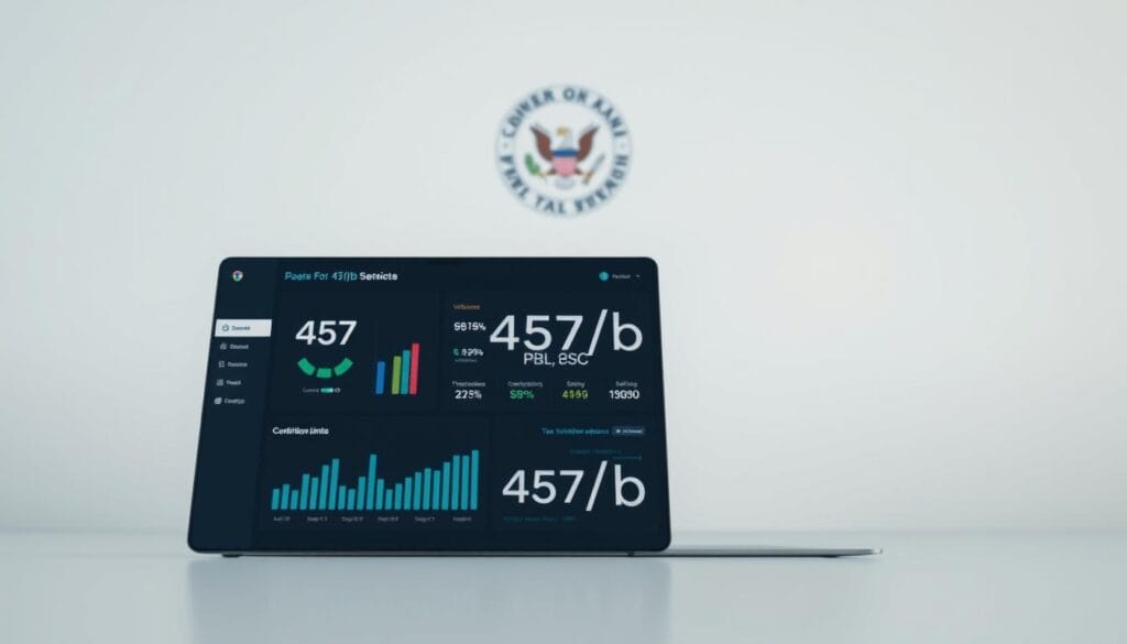 A detailed, high-resolution image of a 457(b) retirement account, set against a clean, minimalist background. The foreground shows a sleek, modern financial dashboard display, with interactive charts and graphs illustrating key 457(b) plan metrics like contribution limits, tax implications, and withdrawal options. The middle ground features a stylized 457(b) logo and iconography, conveying the government-sponsored nature of the account. The background is a soft, neutral gradient, allowing the financial details to take center stage. The overall mood is one of professionalism, clarity, and trust, reflecting the importance of understanding 457(b) plans for retirement planning.