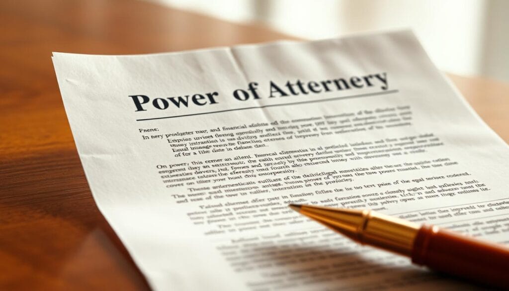 A detailed, high-resolution image of a financial power of attorney document, set against a warm, soft-focus background. The document should be the focal point, rendered with crisp clarity and attention to its intricate textures and design elements. The lighting should create a sense of authority and professionalism, with subtle shadows adding depth and dimension. The overall composition should convey a feeling of security, trust, and financial protection, reinforcing the importance of this legal instrument in estate planning for seniors.