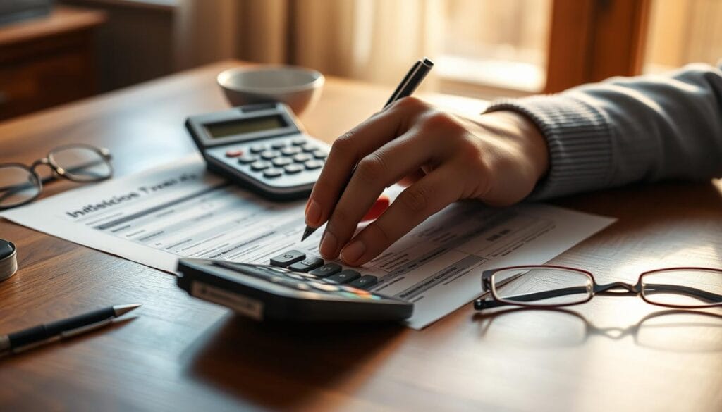 A detailed, high-resolution image of a person's hand filling out an income tax form, with a calculator, pen, and a pair of eyeglasses on a wooden desk. The scene is illuminated by warm, natural lighting from a window, casting a soft glow on the documents. The background is blurred, but suggests a cozy, home office setting. The overall mood is one of focus and concentration, conveying the subject's attention to the important task of tax preparation.