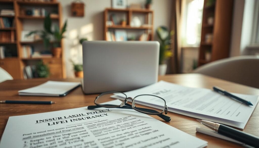 A detailed, high-resolution image of an insurance policy and legal documents representing estate planning, shot in a soft, natural lighting with a shallow depth of field. The foreground features a life insurance policy, a will, and power of attorney forms neatly arranged on a wooden desk. In the middle ground, a laptop and a pair of reading glasses suggest an active planning process. The background showcases a tranquil home office setting with bookshelves, plants, and warm, earthy tones, conveying a sense of financial security and well-being. A detailed, high-resolution image of an insurance policy and legal documents representing estate planning, shot in a soft, natural lighting with a shallow depth of field. The foreground features a life insurance policy, a will, and power of attorney forms neatly arranged on a wooden desk. In the middle ground, a laptop and a pair of reading glasses suggest an active planning process. The background showcases a tranquil home office setting with bookshelves, plants, and warm, earthy tones, conveying a sense of financial security and well-being.