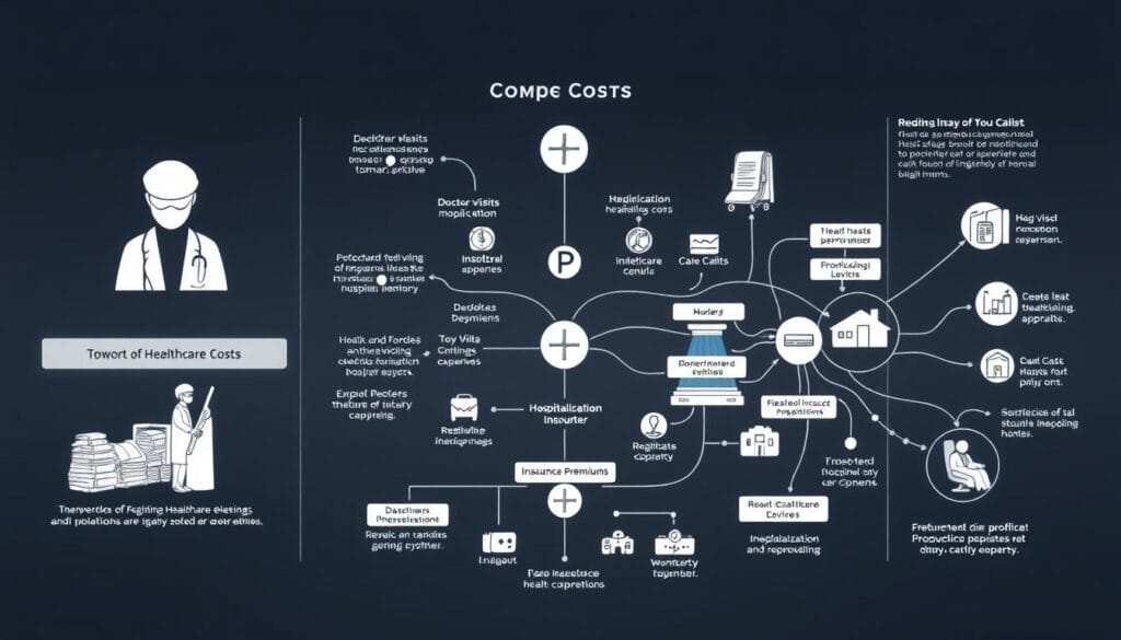 A detailed, high-resolution medical diagram depicting the various components of healthcare costs. In the foreground, a clear breakdown of expenses such as doctor visits, medications, hospitalization, and insurance premiums. In the middle ground, a visualization of the complex web of healthcare providers, insurers, and regulatory bodies that contribute to rising costs. In the background, a muted color palette suggesting the somber, daunting nature of navigating the healthcare system. Crisp, technical illustrations with precise labeling and clean lines, conveying a sense of precision and clarity amidst the challenging subject matter. A detailed, high-resolution medical diagram depicting the various components of healthcare costs. In the foreground, a clear breakdown of expenses such as doctor visits, medications, hospitalization, and insurance premiums. In the middle ground, a visualization of the complex web of healthcare providers, insurers, and regulatory bodies that contribute to rising costs. In the background, a muted color palette suggesting the somber, daunting nature of navigating the healthcare system. Crisp, technical illustrations with precise labeling and clean lines, conveying a sense of precision and clarity amidst the challenging subject matter.