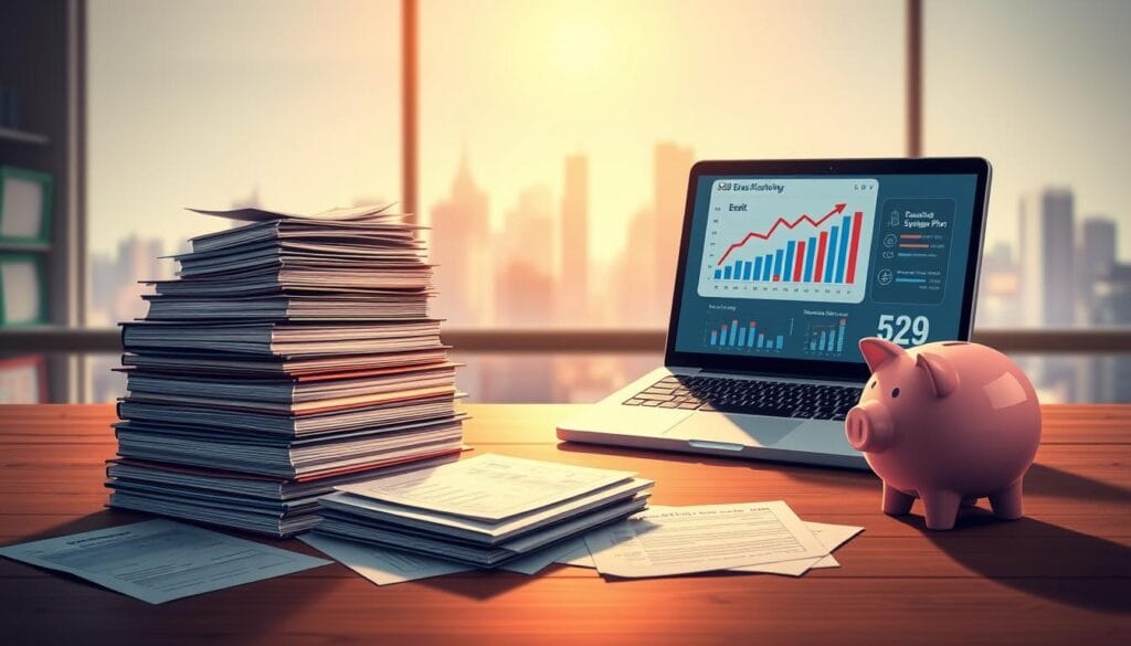 A detailed illustration of a 529 education savings plan strategy, showcased in a warm, inviting manner. In the foreground, a stack of books and documents representing the plan's various financial instruments, with a stylized piggy bank nearby symbolizing the savings. The middle ground features a laptop displaying charts and graphs, depicting the plan's growth and tax benefits. In the background, a softly blurred cityscape or financial district, conveying a sense of stability and prosperity. Gentle, directional lighting casts a subtle glow, creating a professional, yet approachable atmosphere. The overall composition subtly emphasizes the plan's role in long-term financial planning and education savings.