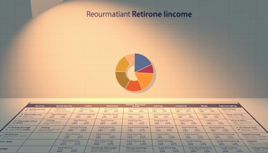 A detailed illustration of a comprehensive retirement income map. In the foreground, a clear visualization showcases various sources of retirement income, such as Social Security, pensions, and personal savings, neatly arranged in a grid layout. The middle ground features a carefully constructed pie chart depicting the relative proportions of these income streams. In the background, a subtle grid pattern provides a sense of structure and organization, while a warm, muted color palette creates a calming, professional atmosphere. The composition is balanced, with clean lines and a minimalist aesthetic to enhance the informative nature of the image. Lighting is soft and diffused, casting a gentle glow across the scene to emphasize the importance of this retirement planning tool.