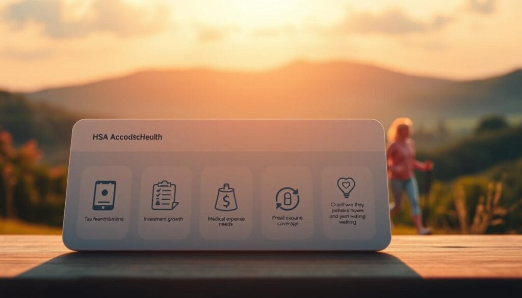 A detailed illustration of an HSA (Health Savings Account) account, showcasing its key benefits for seniors. The foreground features a clean, minimalist design with icons representing tax-free contributions, investment growth, and medical expense coverage. The midground highlights seniors engaging in healthy activities, emphasizing the account's role in funding healthcare needs. The background depicts a serene, nature-inspired landscape, conveying a sense of financial security and well-being. The lighting is soft and warm, creating a calming, inviting atmosphere. The overall composition strikes a balance between informative and visually appealing, making it suitable for use in the "Retirement Health Savings Plans: A Guide for Seniors" article.