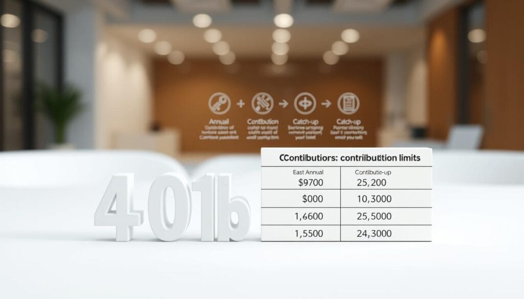 A detailed illustration of contribution limits for a 401(b) retirement plan. A clean, modern composition with a white background and subtle lighting from the top left, creating a sense of depth and emphasis on the central subject. In the foreground, a realistic 3D model of a 401(b) contribution limit chart, showcasing annual and catch-up contribution figures in a clear, legible format. In the middle ground, a minimal set of icons and data visualizations highlighting key aspects of the plan's contribution rules. The background features a soft, blurred office or financial setting, suggesting the professional context of the information. A detailed illustration of contribution limits for a 401(b) retirement plan. A clean, modern composition with a white background and subtle lighting from the top left, creating a sense of depth and emphasis on the central subject. In the foreground, a realistic 3D model of a 401(b) contribution limit chart, showcasing annual and catch-up contribution figures in a clear, legible format. In the middle ground, a minimal set of icons and data visualizations highlighting key aspects of the plan's contribution rules. The background features a soft, blurred office or financial setting, suggesting the professional context of the information.