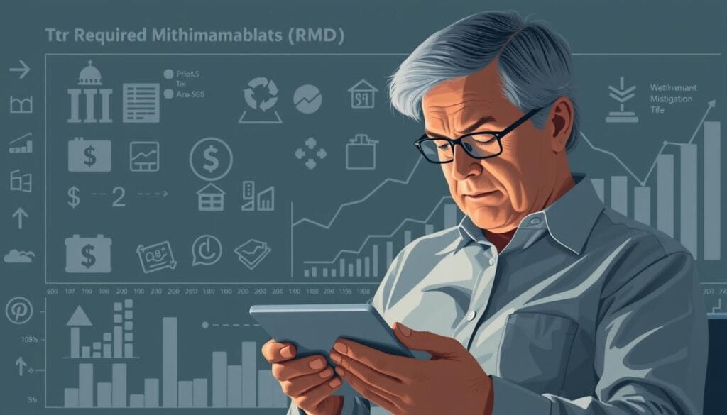 A detailed illustration of required minimum distributions (RMDs) against a backdrop of financial charts and graphs. The foreground depicts a retiree calculating their RMD on a tablet device, their expression focused and contemplative. The middle ground showcases various retirement account symbols and icons, conveying the complex nature of RMD planning. The background features a sophisticated, muted color palette of grays and blues, with subtle lighting casting a pensive mood. The overall composition aims to visually represent the careful consideration and tax-savvy strategies involved in designing a withdrawal plan for a 457 plan in retirement.
