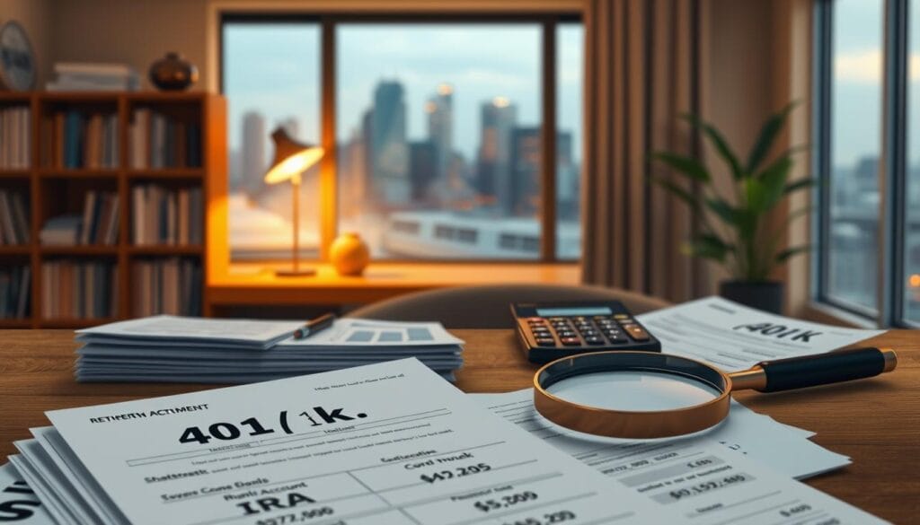 A detailed illustration of retirement investment accounts. In the foreground, a stack of 401(k), IRA, and Roth account statements, meticulously arranged. In the middle ground, a calculator, financial charts, and a magnifying glass, conveying the need for careful analysis. The background features a serene, softly lit office setting, with bookshelves and a window overlooking a cityscape, suggesting a professional, contemplative atmosphere. Warm lighting and a muted color palette create a sense of financial security and diligence. The overall composition emphasizes the importance of choosing the right retirement accounts to achieve financial goals. A detailed illustration of retirement investment accounts. In the foreground, a stack of 401(k), IRA, and Roth account statements, meticulously arranged. In the middle ground, a calculator, financial charts, and a magnifying glass, conveying the need for careful analysis. The background features a serene, softly lit office setting, with bookshelves and a window overlooking a cityscape, suggesting a professional, contemplative atmosphere. Warm lighting and a muted color palette create a sense of financial security and diligence. The overall composition emphasizes the importance of choosing the right retirement accounts to achieve financial goals.
