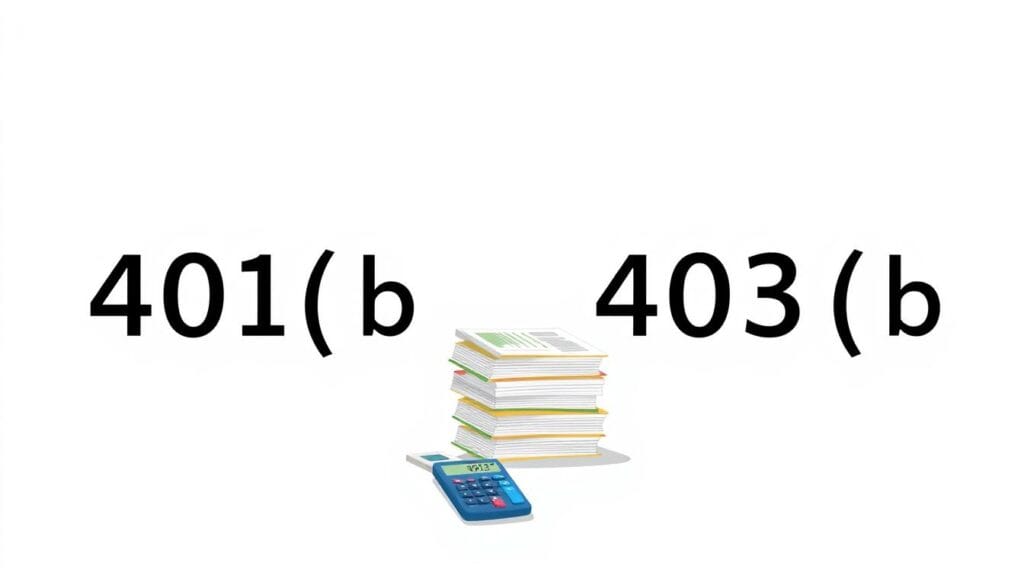 A detailed illustration of the financial terms "401(b)" and "403(b)" against a clean, minimal background. The foreground features a clear, diagrammatic depiction of the two retirement plan types, with their key differences visually highlighted using simple shapes, lines, and contrasting colors. The middle ground showcases a stack of financial documents and calculators, conveying the practical applications and real-world implications of these concepts. The background is a soft, neutral gradient, allowing the central elements to stand out with clarity and focus. The overall mood is one of informative simplicity, guiding the viewer's understanding of these important financial terms. A detailed illustration of the financial terms "401(b)" and "403(b)" against a clean, minimal background. The foreground features a clear, diagrammatic depiction of the two retirement plan types, with their key differences visually highlighted using simple shapes, lines, and contrasting colors. The middle ground showcases a stack of financial documents and calculators, conveying the practical applications and real-world implications of these concepts. The background is a soft, neutral gradient, allowing the central elements to stand out with clarity and focus. The overall mood is one of informative simplicity, guiding the viewer's understanding of these important financial terms.
