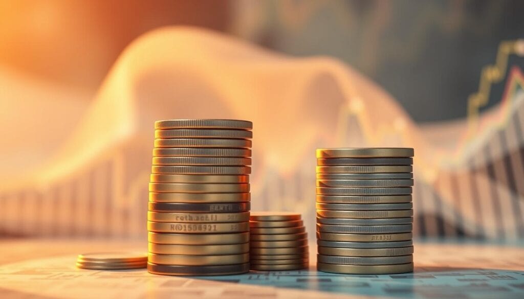 A detailed illustration showcasing the contrast between Roth and pretax retirement account withdrawals. In the foreground, two stacks of coins representing the respective account types, rendered in a realistic, high-resolution style with warm, soft lighting. The middle ground features a flowing, abstract background of overlapping financial graphs and charts, symbolizing the complexities of retirement planning. The overall composition conveys a sense of balance and decision-making, guiding the viewer to consider the implications of Roth vs. pretax withdrawal strategies.