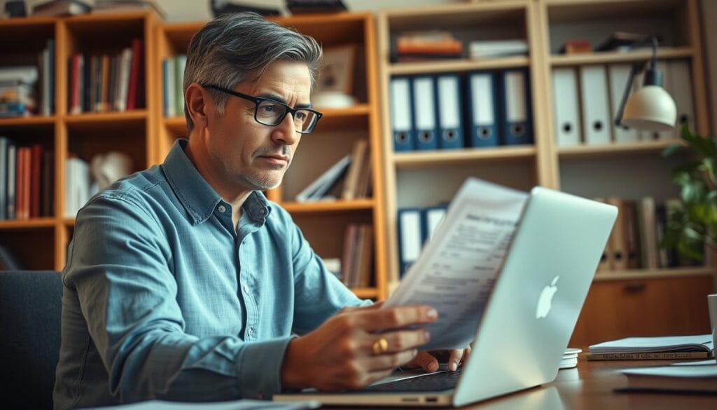 A detailed image of "credit recovery strategies" showing a person reviewing financial documents on a laptop, with a focused expression, in a well-lit, organized home office setting. The background features shelves of books and binders, suggesting an environment of financial literacy and organization. The scene conveys a sense of determination and a thoughtful approach to rebuilding credit after a challenging financial period. The lighting is warm and natural, creating a calming and productive atmosphere. A detailed image of "credit recovery strategies" showing a person reviewing financial documents on a laptop, with a focused expression, in a well-lit, organized home office setting. The background features shelves of books and binders, suggesting an environment of financial literacy and organization. The scene conveys a sense of determination and a thoughtful approach to rebuilding credit after a challenging financial period. The lighting is warm and natural, creating a calming and productive atmosphere.