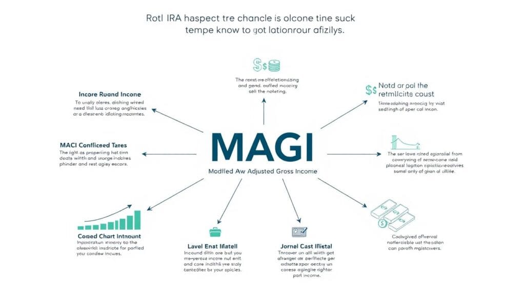 A detailed infographic illustration showcasing the concept of MAGI (Modified Adjusted Gross Income) and its implications for Roth IRA eligibility. The central focus is a clear visual breakdown of MAGI, with annotated diagrams and charts against a clean, minimalist background. Subtle financial motifs like currency symbols and bar graphs provide visual context. The overall tone is informative and educational, with a sleek, modern aesthetic suitable for a financial article. Crisp, high-contrast lighting and a slightly tilted camera angle create depth and dynamism. The composition guides the viewer's eye through the key MAGI concepts in a logical, easy-to-understand manner.