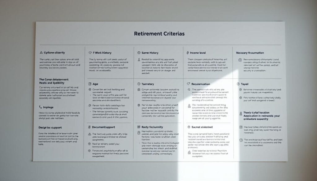 A detailed infographic showcasing the eligibility criteria for retirement support. A clean and minimalist design with clear sections outlining the key requirements, such as age, work history, income level, and necessary documentation. The infographic is rendered in a neutral color palette with subtle geometric shapes and icons to visually communicate the information. The layout is balanced and easy to navigate, with ample white space to make the content easily digestible. Soft, indirect lighting casts a professional and authoritative tone, while a high-resolution, wide-angle lens captures the entire infographic in sharp focus. A detailed infographic showcasing the eligibility criteria for retirement support. A clean and minimalist design with clear sections outlining the key requirements, such as age, work history, income level, and necessary documentation. The infographic is rendered in a neutral color palette with subtle geometric shapes and icons to visually communicate the information. The layout is balanced and easy to navigate, with ample white space to make the content easily digestible. Soft, indirect lighting casts a professional and authoritative tone, while a high-resolution, wide-angle lens captures the entire infographic in sharp focus.