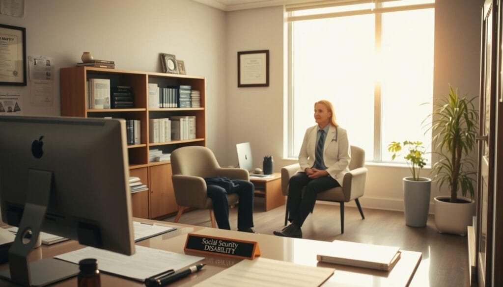 A detailed, meticulously crafted medical office interior, bathed in soft, natural lighting filtering through large windows. In the foreground, a well-organized desk with a computer, paperwork, and a nameplate reading "Social Security Disability". Behind it, a bookshelf filled with reference materials and a diploma on the wall, conveying an atmosphere of professionalism and expertise. In the middle ground, a comfortable seating area where a person in formal attire consults with a caseworker, discussing the eligibility requirements and application process for Social Security Disability Insurance. The background depicts a serene, calming environment, conveying a sense of security and care for those navigating the complex system. A detailed, meticulously crafted medical office interior, bathed in soft, natural lighting filtering through large windows. In the foreground, a well-organized desk with a computer, paperwork, and a nameplate reading "Social Security Disability". Behind it, a bookshelf filled with reference materials and a diploma on the wall, conveying an atmosphere of professionalism and expertise. In the middle ground, a comfortable seating area where a person in formal attire consults with a caseworker, discussing the eligibility requirements and application process for Social Security Disability Insurance. The background depicts a serene, calming environment, conveying a sense of security and care for those navigating the complex system.
